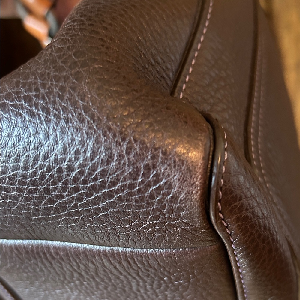 Coach Dark Brown Leather Shoulder Bag with purple stitching and lining - Picture 11 of 16